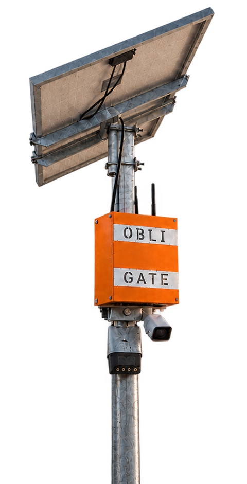 The OBLIgate unit: orange box with camera and plate reader on a solar-powered pole