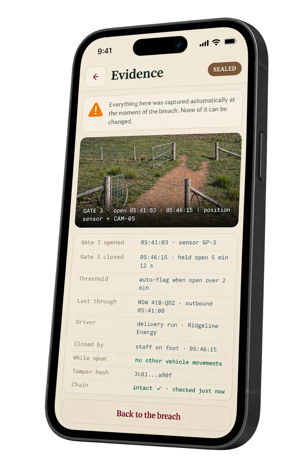The OBLIgate app showing the evidence for a gate held open at Gate 3